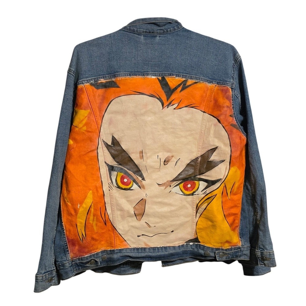Levi Strauss Signature Denim Jacket XL Custom Hand Painted Demon Slayer Rengoku‎